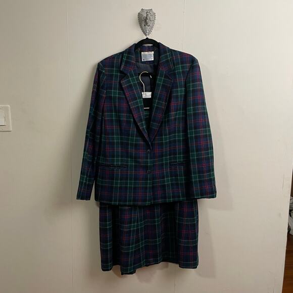 (2) Pendleton L/XL blazer skirt set plaid wool fall blue green dark academia - Picture 1 of 14
